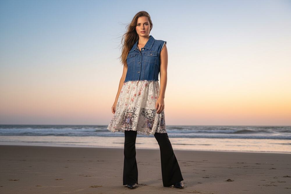 Origami Plus Size Blue Denim and Floral Lace Vest 1XL